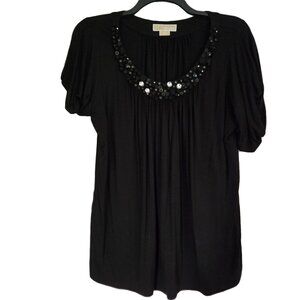 MICHAEL KORS Black Scoop Neck Beaded  Short Sleeve Top 1X